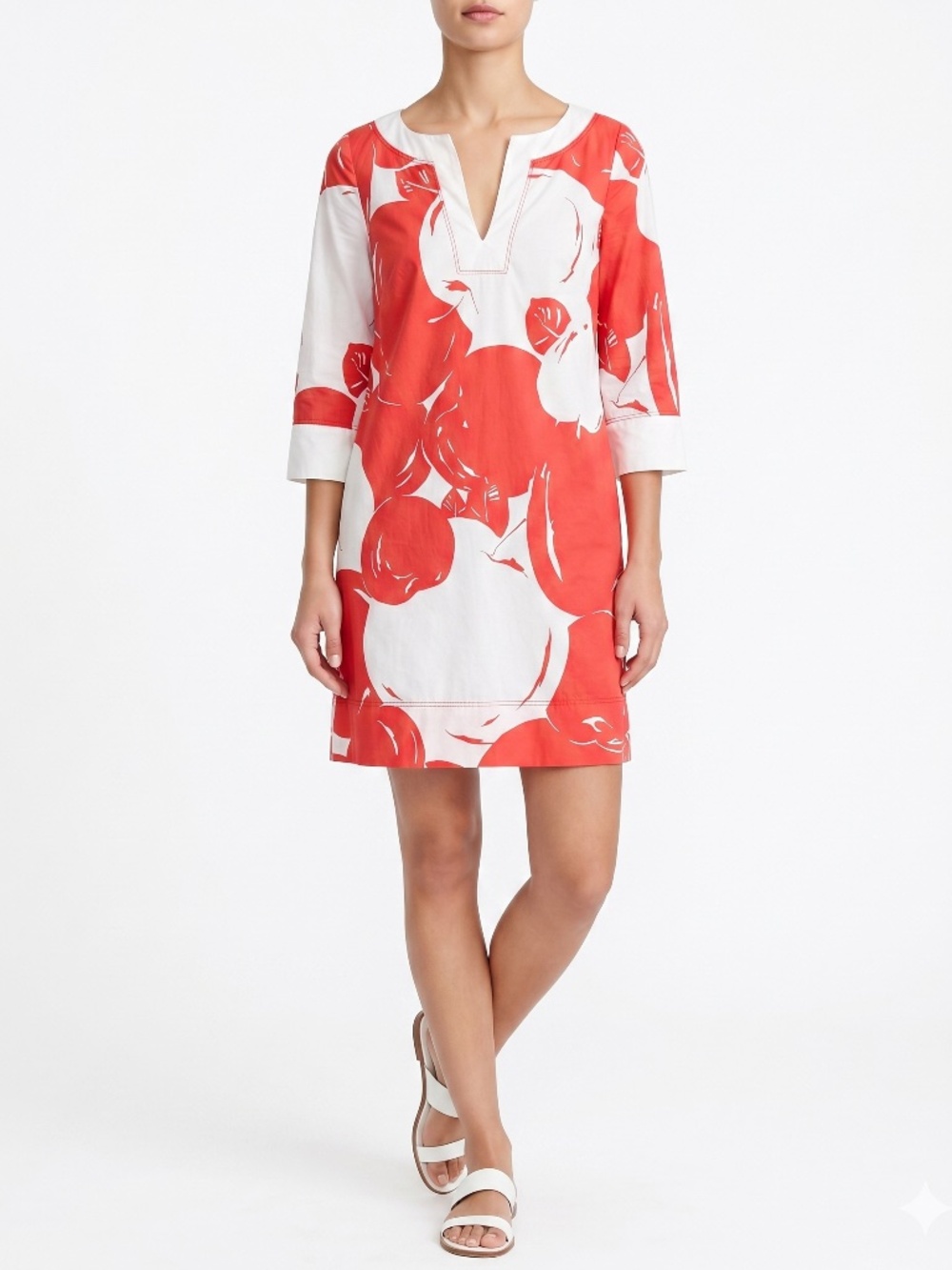 J Crew Women's Size 2 Cotton Abstract Floral Tunic Dress Red White 3/4 Sleeve
